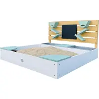 Axi Cato Sandkasten aus Holz mit Behältern für z.B Wasser, Stauraum, Kreidetafel & Spielwand | Sandkasten in Weiß & Blau inklusive Trichter | Mit Plane & Bodentuch | 105x100x58,5 cm