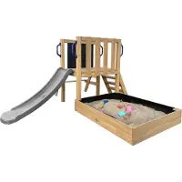 Axi Leah Mini Spielturm aus Holz in Braun mit grauer Rutsche | Kleiner Spielturm für Kinder mit Sandkasten, Picknicktisch und Kreidetafel | Spielgerät für den Garten