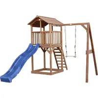 Axi Beach Tower Spielturm aus Holz in Braun | Spielhaus für Kinder mit blauer Rutsche, Schaukel und Sandkasten | Stelzenhaus für den Garten