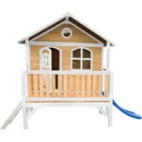 Axi Spielhaus Stef mit blauer Rutsche | Stelzenhaus in Braun & Weiß aus FSC Holz für Kinder | Spielturm für den Garten