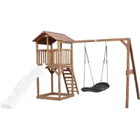 Axi Beach Tower Spielturm aus Holz in Braun | Spielhaus für Kinder mit weißer Rutsche, Nestschaukel und Sandkasten | Stelzenhaus für den Garten