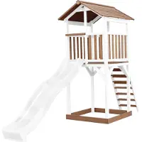Axi Beach Tower Spielturm aus Holz in Braun & Weiß | Spielhaus für Kinder mit weißer Rutsche und Sandkasten | Stelzenhaus für den Garten