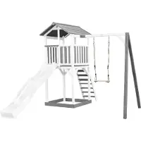 Axi Beach Tower Spielturm aus Holz in Weiß & Grau | Spielhaus für Kinder mit weißer Rutsche, Schaukel und Sandkasten | Stelzenhaus für den Garten
