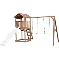 Axi Beach Tower Spielturm aus Holz in Braun | Spielhaus für Kinder mit weißer Rutsche, Doppelschaukel und Sandkasten | Stelzenhaus für den Garten