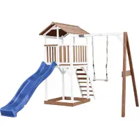 Axi Beach Tower Spielturm aus Holz in Braun & Weiß | Spielhaus für Kinder mit blauer Rutsche, Schaukel und Sandkasten | Stelzenhaus für den Garten