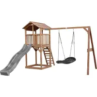 Axi Beach Tower Spielturm aus Holz in Braun | Spielhaus für Kinder mit grauer Rutsche, Nestschaukel und Sandkasten | Stelzenhaus für den Garten