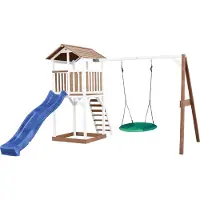 Axi Beach Tower Spielturm aus Holz in Braun & Weiß | Spielhaus für Kinder mit blauer Rutsche, Nestschaukel und Sandkasten | Stelzenhaus für den Garten