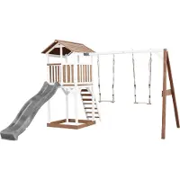 Axi Beach Tower Spielturm aus Holz in Braun & Weiß | Spielhaus für Kinder mit grauer Rutsche, Doppelschaukel und Sandkasten | Stelzenhaus für den Garten