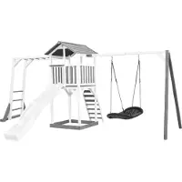 Axi Beach Tower Spielturm aus Holz in Weiß & Grau | Spielhaus für Kinder mit weißer Rutsche, Klettergerüst, Nestschaukel und Sandkasten | Stelzenhaus