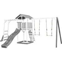 Axi Beach Tower Spielturm aus Holz in Weiß & Grau | Spielhaus für Kinder mit grauer Rutsche, Klettergerüst, Doppelschaukel und Sandkasten |