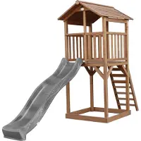 Axi Beach Tower Spielturm aus Holz in Braun | Spielhaus für Kinder mit grauer Rutsche und Sandkasten | Stelzenhaus für den Garten