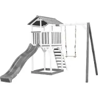Axi Beach Tower Spielturm aus Holz in Weiß & Grau | Spielhaus für Kinder mit grauer Rutsche, Schaukel und Sandkasten | Stelzenhaus für den Garten