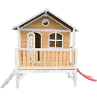 Axi Spielhaus Stef mit roter Rutsche | Stelzenhaus in Braun & Weiß aus FSC Holz für Kinder | Spielturm für den Garten