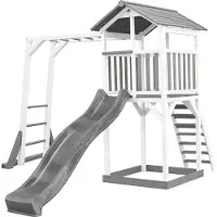 Axi Beach Tower Spielturm aus Holz in Weiß & Grau | Spielhaus für Kinder mit grauer Rutsche, Klettergerüst und Sandkasten | Stelzenhaus für den Garten