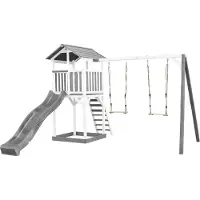 Axi Beach Tower Spielturm aus Holz in Weiß & Grau | Spielhaus für Kinder mit grauer Rutsche, Doppelschaukel und Sandkasten | Stelzenhaus für den Garten