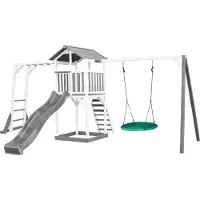 Axi Beach Tower Spielturm aus Holz in Weiß & Grau | Spielhaus für Kinder mit grauer Rutsche, Klettergerüst, Nestschaukel und Sandkasten | Stelzenhaus für den Garten