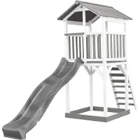 Axi Beach Tower Spielturm aus Holz in Weiß & Grau | Spielhaus für Kinder mit grauer Rutsche und Sandkasten | Stelzenhaus für den Garten