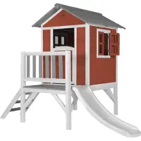 Axi Spielhaus Beach Lodge XL in Rot mit Rutsche in Weiß | Stelzenhaus aus FSC Holz für Kinder | Kleiner Spielturm für den Garten