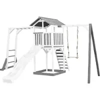Axi Beach Tower Spielturm aus Holz in Weiß & Grau | Spielhaus für Kinder mit weißer Rutsche, Klettergerüst, Schaukel und Sandkasten | Stelzenhaus für den Garten