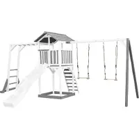 Axi Beach Tower Spielturm aus Holz in Weiß & Grau | Spielhaus für Kinder mit weißer Rutsche, Klettergerüst, Doppelschaukel und Sandkasten | Stelzenhaus für den Garten