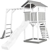 Axi Beach Tower Spielturm aus Holz in Weiß & Grau | Spielhaus für Kinder mit weißer Rutsche, Klettergerüst und Sandkasten | Stelzenhaus für den Garten