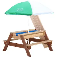 Axi Nick Kinder Sand & Wasser Picknicktisch aus Holz | Wasserspieltisch & Sandtisch mit Deckel und Behältern | Kindertisch / Matschtisch in Braun mit Sonnenschirm für den Garten