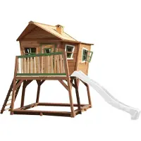 Axi Spielhaus Max mit Sandkasten & weißer Rutsche | Stelzenhaus in Braun & Grün aus Holz für Kinder | Spielturm mit Wellenrutsche für den Garten