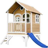 Axi Spielhaus Tom mit blauer Rutsche | Stelzenhaus in Braun & Weiß aus FSC Holz für Kinder | Spielturm für den Garten