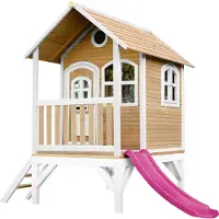 Axi Spielhaus Tom mit lila Rutsche | Stelzenhaus in Braun & Weiß aus FSC Holz für Kinder | Spielturm für den Garten