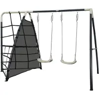 Axi Schaukel Set aus Metall in Anthrazit & Creme | Doppelschaukel & Kletternetz mit Gestell | Gartenschaukel für Kinder / Kinderschaukel | Schaukelgestell für den Garten