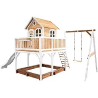 Axi Spielhaus Liam mit Sandkasten, Schaukel & weißer Rutsche | Stelzenhaus XXL in Braun & Weiß aus FSC Holz für Kinder | Spielturm mit Wellenrutsche für den Garten
