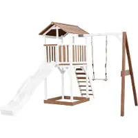 Axi Beach Tower Spielturm aus Holz in Braun & Weiß | Spielhaus für Kinder mit weißer Rutsche, Schaukel und Sandkasten | Stelzenhaus für den Garten