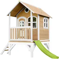 Axi Spielhaus Tom mit hellgrüner Rutsche | Stelzenhaus in Braun & Weiß aus FSC Holz für Kinder | Spielturm für den Garten