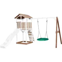 Axi Beach Tower Spielturm aus Holz in Braun & Weiß | Spielhaus für Kinder mit weißer Rutsche, Nestschaukel und Sandkasten | Stelzenhaus für den Garten