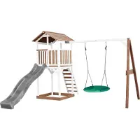 Axi Beach Tower Spielturm aus Holz in Braun & Weiß | Spielhaus für Kinder mit grauer Rutsche, Nestschaukel und Sandkasten | Stelzenhaus für den Garten