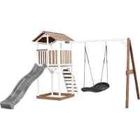 Axi Beach Tower Spielturm aus Holz in Braun & Weiß | Spielhaus für Kinder mit grauer Rutsche, Nestschaukel und Sandkasten | Stelzenhaus für den Garten