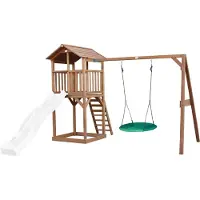 Axi Beach Tower Spielturm aus Holz in Braun | Spielhaus für Kinder mit weißer Rutsche, Nestschaukel und Sandkasten | Stelzenhaus für den Garten