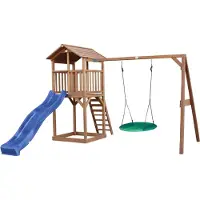 Axi Beach Tower Spielturm aus Holz in Braun | Spielhaus für Kinder mit blauer Rutsche, Nestschaukel und Sandkasten | Stelzenhaus für den Garten