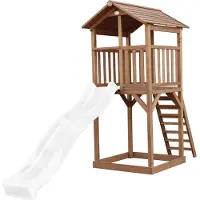 Axi Beach Tower Spielturm aus Holz in Braun | Spielhaus für Kinder mit weißer Rutsche und Sandkasten | Stelzenhaus für den Garten