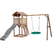 Axi Beach Tower Spielturm aus Holz in Braun | Spielhaus für Kinder mit grauer Rutsche, Nestschaukel und Sandkasten | Stelzenhaus für den Garten