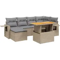 vidaXL 7-tlg. Garten-Sofagarnitur mit Kissen Beige Poly Rattan