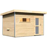 Karibu Saunahaus Außensauna Gartensauna Skrollan 2 unbehandelt ohne Zubehör 38mm Massivholz 336x231x227 cm mit Milchglas Tür