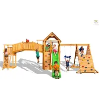 Fungoo Spielturm "Maxi Set Fortress TipTop Rainbow Spider+" teak mit Rutsche, Holzdach, Griffe, Leiter, Kletterturm, Brücke, Trapez und Kletterseil