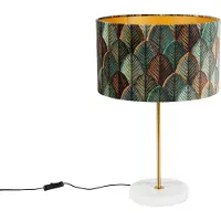 QAZQA - Klassisch I Antik Tischleuchte I Tischlampe I Lampe I Leuchte Messing mit Samtlampenschirm Blattdesign und Gold I Messingener Innenseite - Kaso I Wohnzimmer I Schlafzimmer - Velours Rund - LED