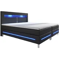 Juskys Boxspringbett Norfolk 140 x 200 cm – LED Beleuchtung, Bonell-Matratzen, Topper & Kunstleder – 66 cm Komforthöhe – schwarz – Bett Doppelbett