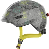 ABUS Kinderhelm Smiley 3.0 LED - Fahrradhelm mit Licht - tiefe Passform & Platz für einen Zopf - für Mädchen und Jungs - Grau mit Weltall-Muster, Größe S (45-50 cm)