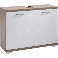 ByLiving Waschbeckenunterschrank Nebraska, Breite 80 cm, Badezimmerschrank mit Metallgriffen, Front in Hochglanz weiß, WBU in Eichen-Optik mit Syphonausschnitt