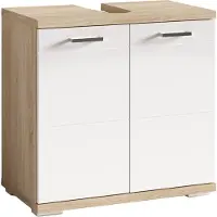 ByLiving Waschbeckenunterschrank Nebraska, Breite 60 cm, Badezimmerschrank mit weißen Türen, Korpus in Eichen-Optik