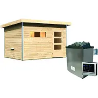 Karibu Saunahaus Außensauna Gartensauna Skrollan 2 unbehandelt Ofen 9 KW externe Strg easy 38mm Massivholz 336x231x227 cm mit Moderne Tür