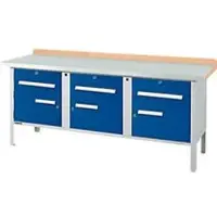 Schäfer Shop Kastenwerkbank PW 200-5, Buche Multiplexplatte, mit Stahlabdeckung, bis 750 kg, B 2000 x T 700 x H 840 mm, Enzianblau